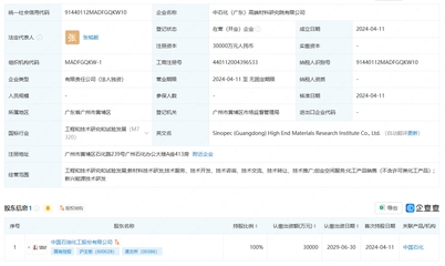 中国石化成立高端材料研究院，注册资本3亿元聚焦工程和技术研究与试验发展